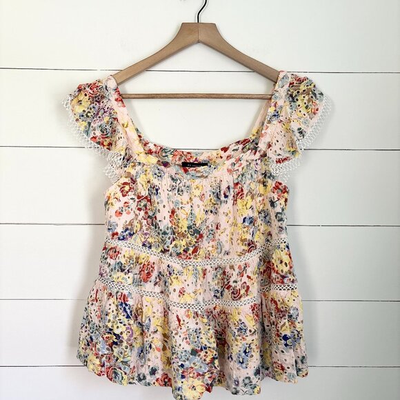 En Saison tiered baby doll eyelet floral top with little cap sleeves - Picture 1 of 6